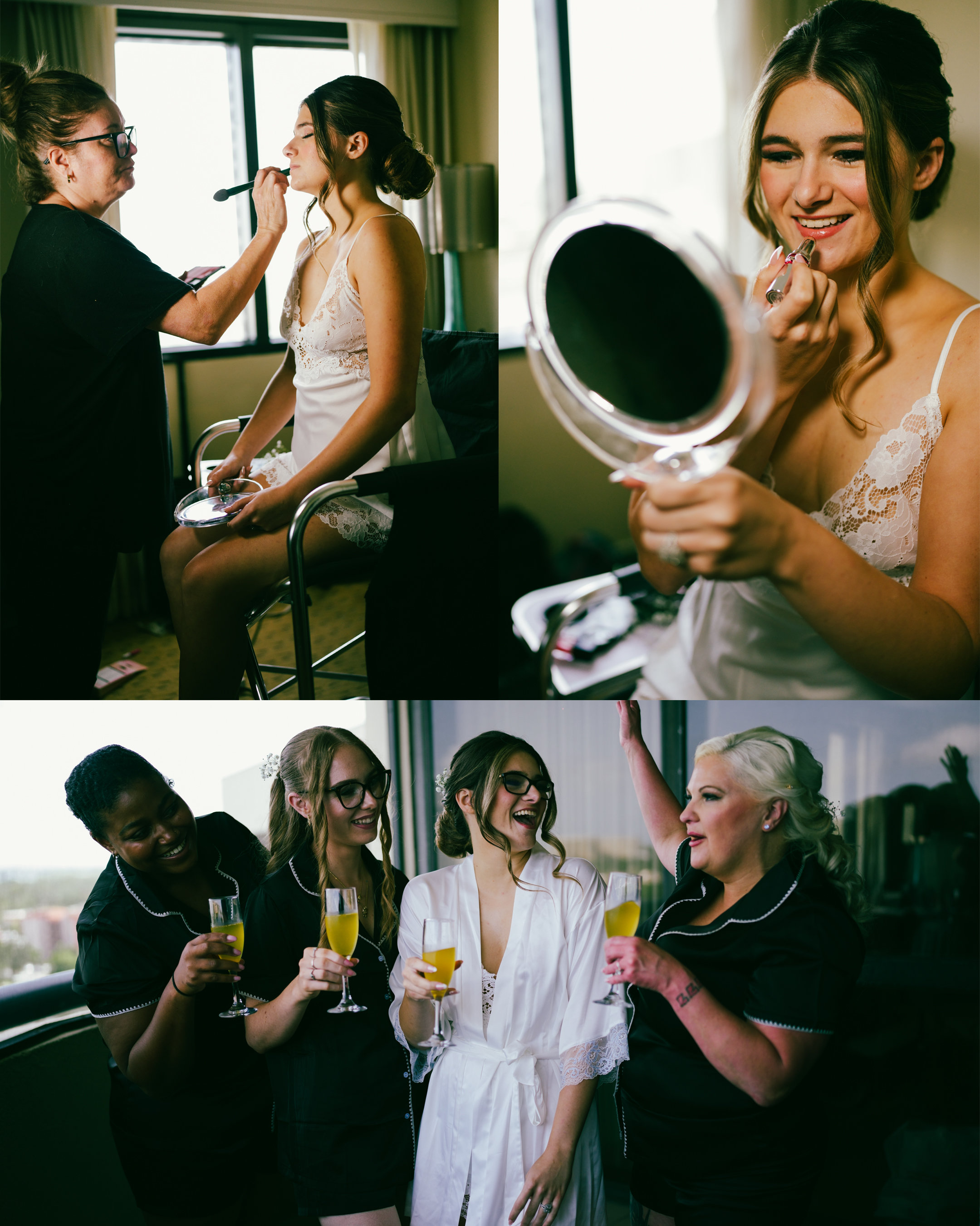 Bride receiving final makeup and hair touch-ups on wedding morning